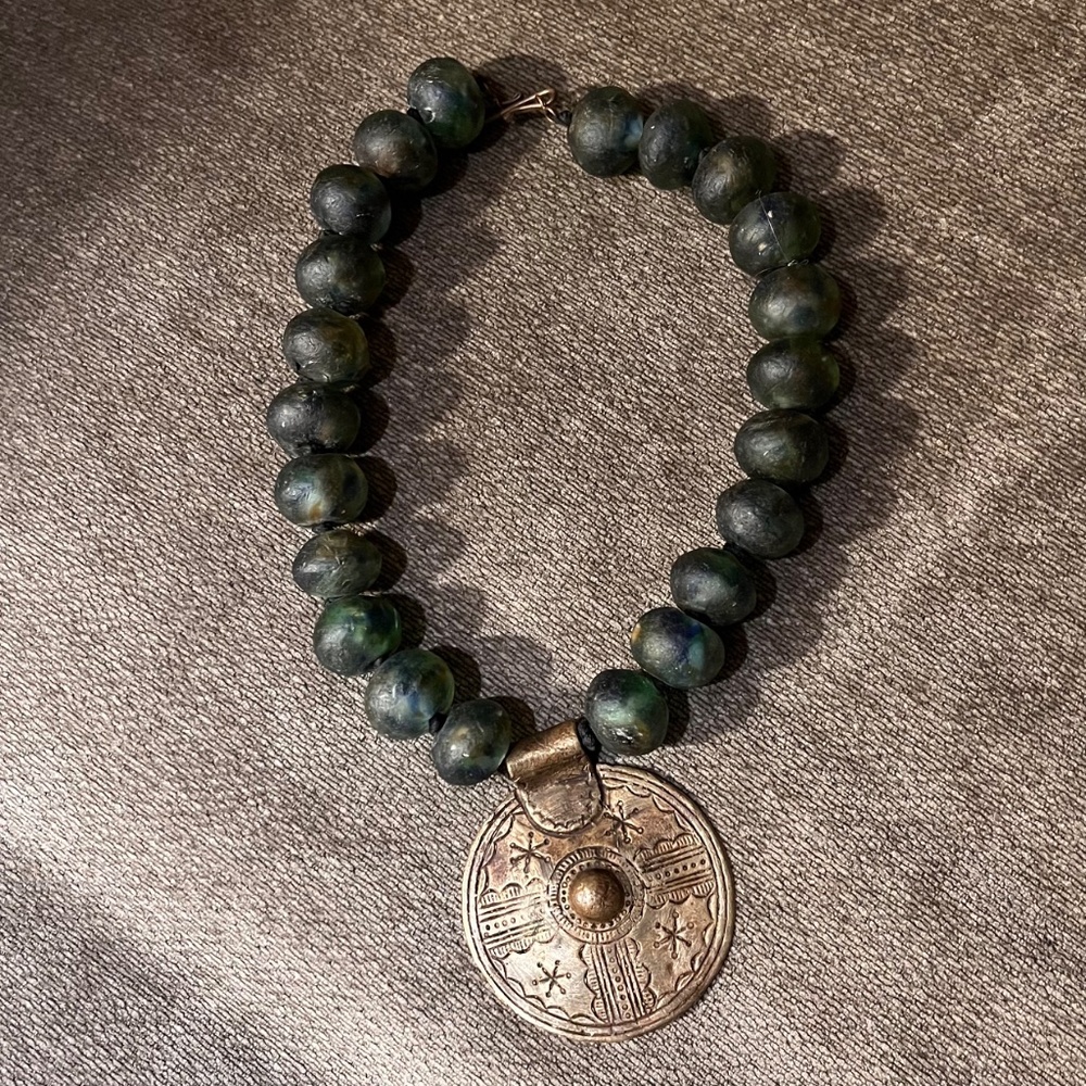 Exquisite African Blue-Green Glass Beaded Necklace with Medallion